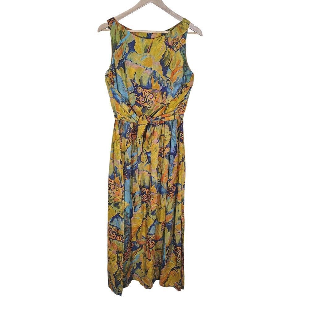 Vintage 90s Abstract Print Midi Dress Size M Sleeveless Tie Waist Retro Artsy - Picture 1 of 8